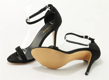 Женский Простой дизайн, черные замшевые Босоножки на высоком каблуке с ремешком на лодыжке, Босоножки-помпоны с пряжкой, Вечерние модельные туфли Изображение 2