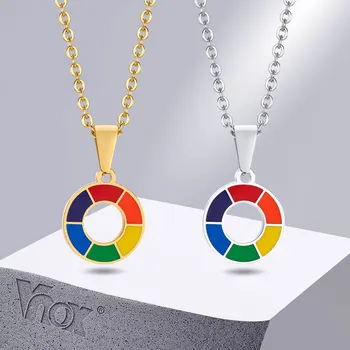 Простые подвески Vnox в виде радужного круга для мужчин и женщин, Геометрические круглые ожерелья из нержавеющей стали, шейный воротник Pride LGBTQ