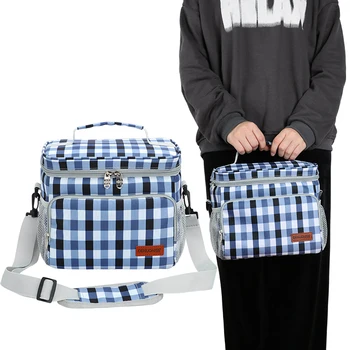 DENUONISS Изолированная сумка для ланча Для женщин, термосумка для пикника Большой емкости с плечевым ремнем, сумка-холодильник с клетчатым принтом для приготовления еды Изображение 2