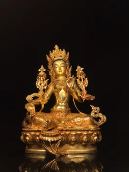Коллекция Тибетского храма 13 дюймов, Старая бронзовая киноварь, позолоченная роспись лица, Зеленая Тара, Зал поклонения сидящему Будде, Городской дом