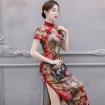 летнее улучшенное женское платье ципао в китайском стиле 2023, длинное повседневное платье в стиле ретро с цветочным принтом, элегантное платье-ципао с коротким рукавом g795