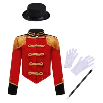 Комплект костюмов циркового мастера Манежа для девочек на Хэллоуин, куртка на пуговицах с длинными рукавами и кисточками на плечах, шляпа, перчатки с волшебной палочкой