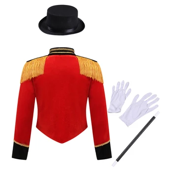 Комплект костюмов циркового мастера Манежа для девочек на Хэллоуин, куртка на пуговицах с длинными рукавами и кисточками на плечах, шляпа, перчатки с волшебной палочкой Изображение 2