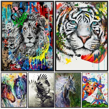 Красочные граффити в виде животных, Абстрактная живопись, Женщины, Лев, Тигр, лошадь, плакаты и принты, Современный декор для гостиной