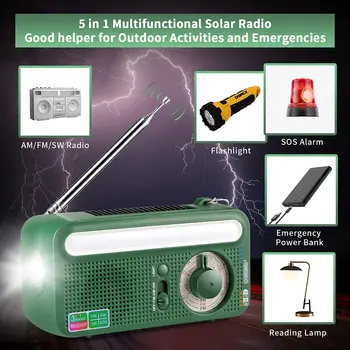 Портативная Солнечная энергия, аварийная перезаряжаемая рукоятка AM FM SW-радио с аккумулятором 2000 мАч, фонарик, лампа для чтения, сигнал тревоги SOS Изображение 2