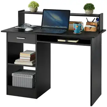 Деревянный компьютерный стол для домашнего офиса Mart с выдвижными ящиками и подставкой для клавиатуры, черный Изображение 2