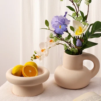 Кремовая милая керамическая ваза, украшение гостиной, Цветочная композиция, Настольный журнальный столик, горшок для цветов с цветочным рисунком