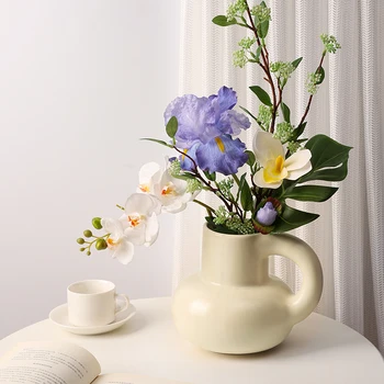 Кремовая милая керамическая ваза, украшение гостиной, Цветочная композиция, Настольный журнальный столик, горшок для цветов с цветочным рисунком Изображение 2