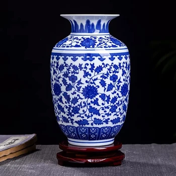Сине-белая фарфоровая ваза Украшение гостиной цветочная композиция антикварные декоративные поделки керамические вазы Цзиндэчжэнь Изображение 2