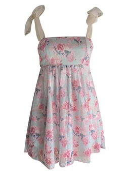 Женское Мини-платье в стиле бохо с цветочным принтом, открытыми плечами, на бретелях с завязками и открытой спиной для летней повседневной носки