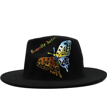 Красочная Фетровая Шляпа с Граффити в виде бабочки для Девочек, Шляпы для Женщин, Вечерние Свадебные Украшения, Черная Панама, Fedoras Gorras Para Mujer