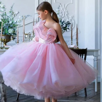 Розовое Бальное платье, Свадебные платья с цветочным узором для девочек, Детское Фортепианное представление Принцессы на бретельках, Роскошное Детское Вечернее представление