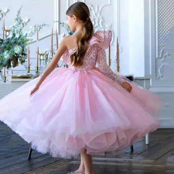 Розовое Бальное платье, Свадебные платья с цветочным узором для девочек, Детское Фортепианное представление Принцессы на бретельках, Роскошное Детское Вечернее представление Изображение 2