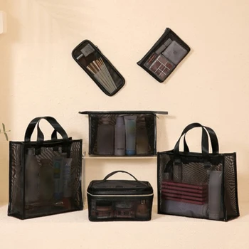Сетчатые косметички Черная сетчатая сумка на молнии для офисов Дорожные сумки для хранения туалетных принадлежностей Косметичка Женская сумка