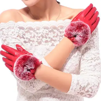 Женская осенне-зимняя перчатка с утепленной флисовой подкладкой, женская перчатка из натурального кроличьего меха, водительская перчатка из натуральной кожи R278 Изображение 2