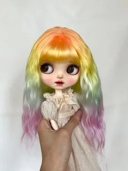 Кукольные парики для Blythe Qbaby из натурального мохера с ослепительными радужными локонами и жесткими швами для головы 9-10 дюймов