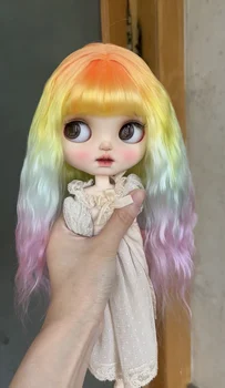 Кукольные парики для Blythe Qbaby из натурального мохера с ослепительными радужными локонами и жесткими швами для головы 9-10 дюймов Изображение 2
