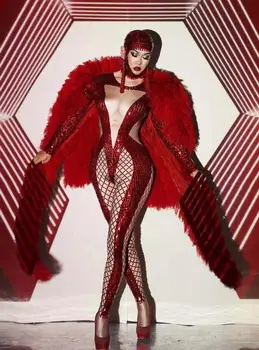 Красный танцевальный комбинезон сексуальная певица, сценический костюм, пальто, одежда для вечеринок, одежда для выступлений в ночном клубе, ди-джей