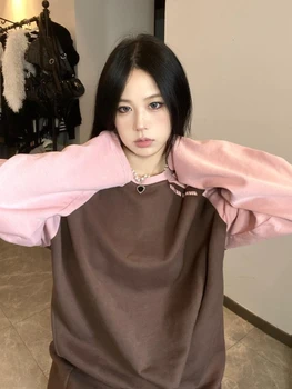 ADAgirl, винтажные лоскутные футболки с рукавами Реглан, Женские футболки оверсайз контрастного цвета, осенняя классическая футболка, повседневная корейская модная одежда Изображение 2