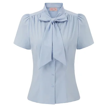 Летняя женская рубашка BP с коротким рукавом и бантом на пуговицах, офисные однотонные топы Изображение 2