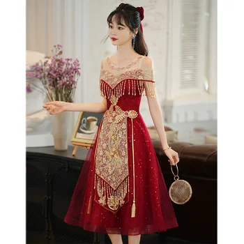 Китайское Традиционное Платье Красный Свадебный Тост Невесты Одежда С Кружевной Вышивкой И Кисточками Украшение Xiuhe Улучшенный Стиль Cheongsam