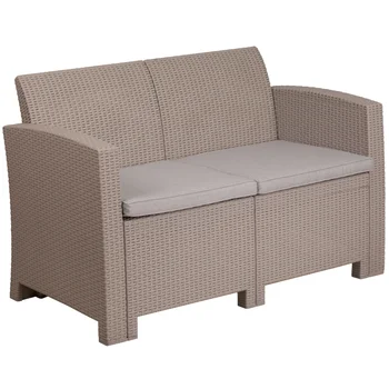 Флэш-мебель Светло-серый диванчик из искусственного ротанга с всепогодными светло-серыми подушками, мебель для патио, уличный диван Изображение 2