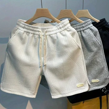 Летние корейские шорты для бега, мужские шорты с волнистым рисунком, однотонные спортивные шорты, Свободные брюки с завязками, Дышащие повседневные пляжные короткие брюки Изображение 2