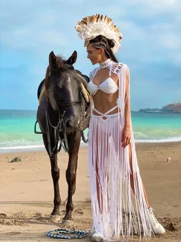 Женское Бикини с кисточками, вязаное крючком Вручную, Летние Праздничные Сексуальные Юбки с вырезами, подходящий Пляжный купальный костюм