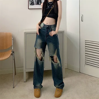 Корейская версия нишевых уличных рваных джинсов с высокой талией и прямыми широкими штанинами в стиле ретро для женщин Изображение 2