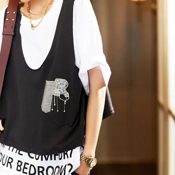 Женская Корейская модная футболка с буквенным принтом, Летние повседневные топы с бриллиантами, Комплект женской одежды из двух предметов Изображение 2