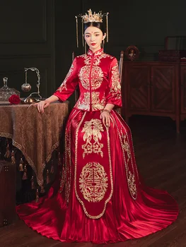 Традиционное Свадебное Платье Ципао С Вышивкой Невесты, Женское Роскошное Древнее Королевское Красное Китайское Свадебное Платье