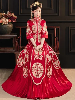 Традиционное Свадебное Платье Ципао С Вышивкой Невесты, Женское Роскошное Древнее Королевское Красное Китайское Свадебное Платье Изображение 2