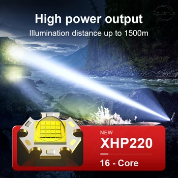 Мощный светодиодный фонарик 5200 мАч USB перезаряжаемый портативный фонарь с зумом XHP220LED, тактическая вспышка, дальний выстрел 1500 м Изображение 2