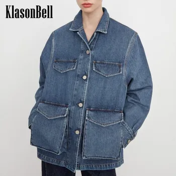 8,21 KlasonBell Модный винтажный дизайн в армейском стиле с четырьмя карманами, Однобортная джинсовая куртка из выстиранной ткани, женская
