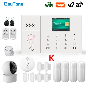 GauTone 3G 4G Беспроводная сигнализация WiFi Домашняя Охранная система с IP-камерой, детектор дыма, Поддержка Alexa Tuya Smart Life