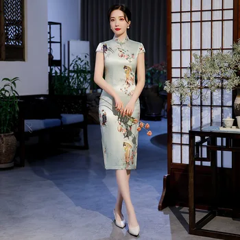 Новое Винтажное Праздничное платье Cheongsams для Вечеринок, сексуальное Атласное Тонкое Женское платье Ципао с высоким Разрезом, традиционное китайское платье с воротником-стойкой Изображение 2
