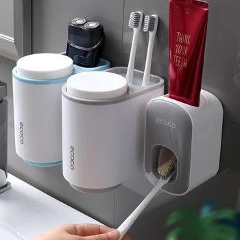 Автоматический дозатор зубной пасты Ecoco, Соковыжималки для зубной пасты, Пылезащитный держатель для зубных щеток, настенная подставка, набор аксессуаров для ванной комнаты Изображение 2