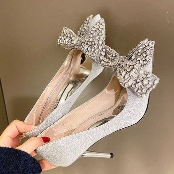 Роскошные женские туфли-лодочки с украшением в виде кристаллов и банта, женские свадебные туфли на высоком каблуке-шпильке, Элегантные туфли-лодочки с острым носком для вечеринки невесты Изображение 2