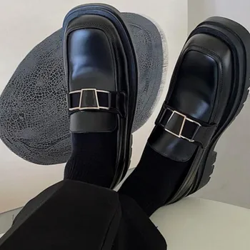 Лоферы на толстом каблуке в винтажном британском стиле, обувь на плоской подошве, модная черная удобная повседневная обувь без застежки Изображение 2