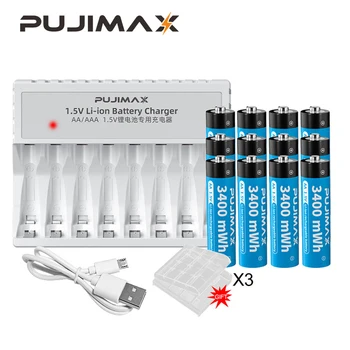 PUJIMAX Литиевая Аккумуляторная батарея AA1.5V 3400mWh + 8-слотное Умное зарядное устройство с кабелем Micro USB Для будильника Flashligh