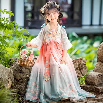 Летние платья с вышивкой Розового воздушного змея Для Девочек, Древнекитайский традиционный костюм Hanfu, детское праздничное сценическое платье