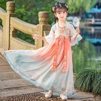 Летние платья с вышивкой Розового воздушного змея Для Девочек, Древнекитайский традиционный костюм Hanfu, детское праздничное сценическое платье Изображение 2