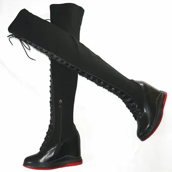 Туфли-лодочки на платформе, Женские Черные Сапоги выше колена на танкетке из натуральной кожи, Модные Кроссовки с круглым носком, Повседневная обувь