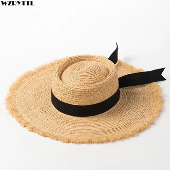 Шляпы из натуральной рафии Для женщин и девочек, летняя пляжная шляпа с широкими полями, Черная лента, Соломенная шляпа, Женская Панама-Дерби, солнцезащитный козырек