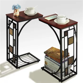 Деревянный торцевой столик BOUSSAC C-образной формы, набор из 2 предметов, Коричневый / черный, Сторона стола, нижняя часть стола, Боковой столик