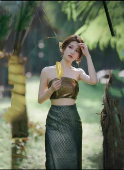 2023 Тайская традиционная азиатская фотография танцевальное представление Таиланд костюм дорожное платье винтажная тайская одежда сексуальный комплект платьев Изображение 2