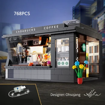 Креативный Уличный вид, кафе, строительный блок, модель кофейни, Городской пейзаж, Кирпичи, Сборка игрушек со светодиодной подсветкой Для детского подарка