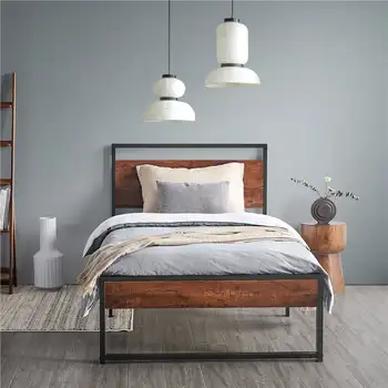 Кровать-платформа Easyfashion с металлическим каркасом в деревенском стиле с ламельной опорой, коричневый в деревенском стиле, каркас кровати ， Полная/двухместная/с кроватью размера 
