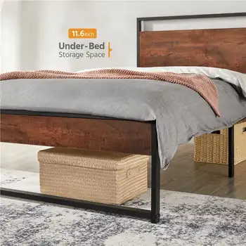 Кровать-платформа Easyfashion с металлическим каркасом в деревенском стиле с ламельной опорой, коричневый в деревенском стиле, каркас кровати ， Полная/двухместная/с кроватью размера 