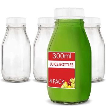 Стеклянные бутылки для сока с крышками (4 упаковки) - Многоразовые стеклянные бутылки с защелкивающимися крышками, защищающими от вскрытия - Бутылки из пищевого стекла